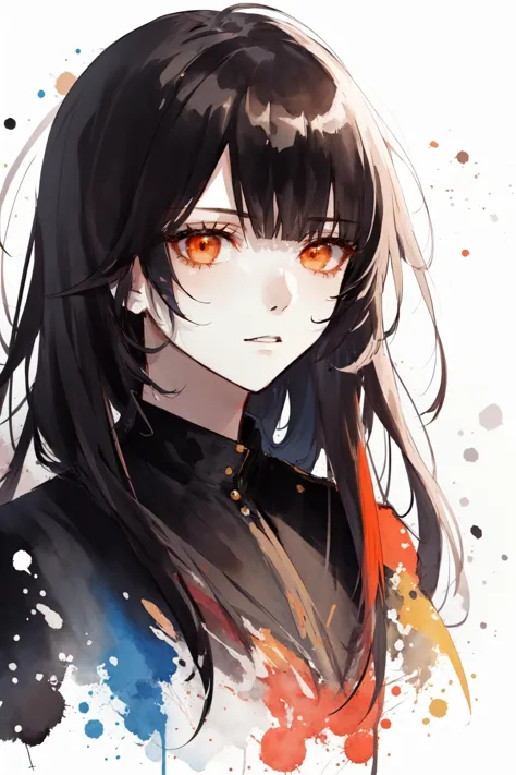 a girl with long black hair and orange eyes is staring at the camera