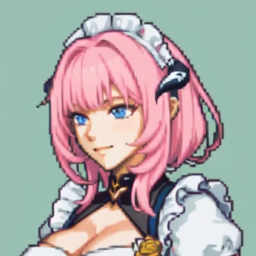 (headshot), (portrait), gbaportrait, simple background, solo, green background, elysia (miss pink) (honkai impact), elysia (honkai impact), maid, pink hair, gloves, long hair, blue eyes, white gloves, large breasts, maid headdress, bangs, thighhighs, apron, white thighhighs, dress, short sleeves, cleavage, white flower, maid apron, rose, frills, enmaided, ponytail, fake_horns,