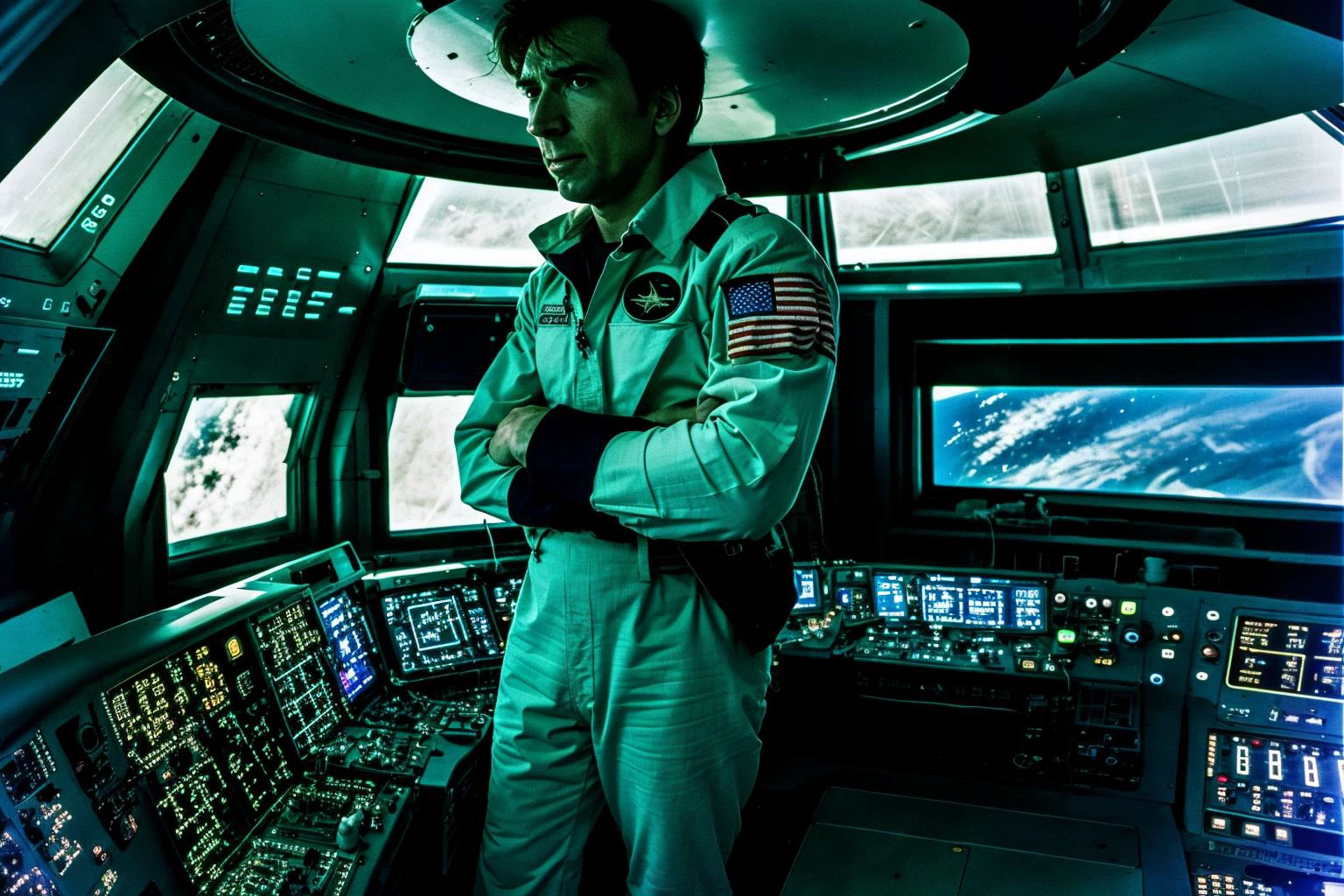 High quality photograph of Spaceship bridge, ANALOG style, NCCG standing in his general uniform, 