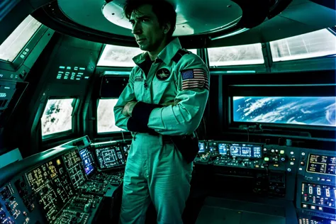 High quality photograph of Spaceship bridge, ANALOG style, <lora:spaceship bridge-v1.0:1>, NCCG standing in his general uniform,...