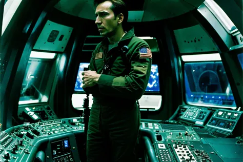 High quality photograph of Spaceship bridge, ANALOG style, <lora:spaceship bridge-v1.0:1>, NCCG standing in his general uniform,...