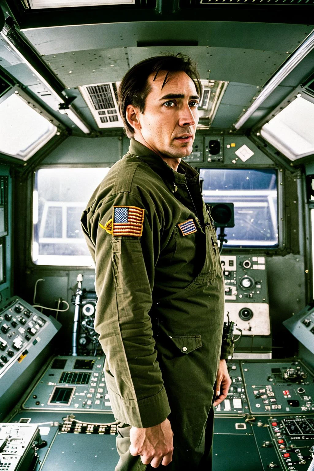 Fotografia de alta qualidade da ponte da nave espacial, estilo analógico, NCCG em pé com seu uniforme geral, 