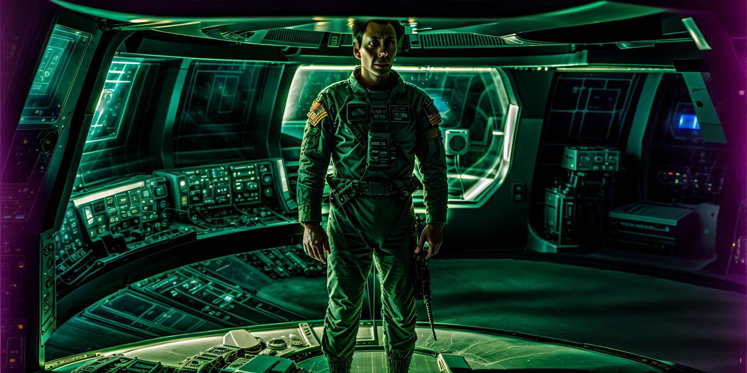 Fotografía de alta calidad del puente de la nave espacial., estilo analógico, NCCG de pie con su uniforme general., iluminación futurista,grano de la película 