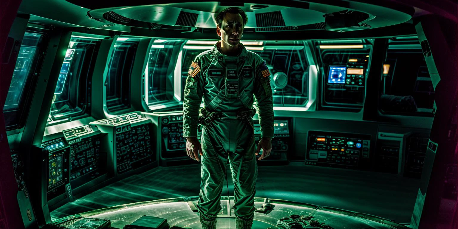 High quality photograph of Spaceship bridge, ANALOG style, NCCG standing in his general uniform, futuristic lighting,film grain 