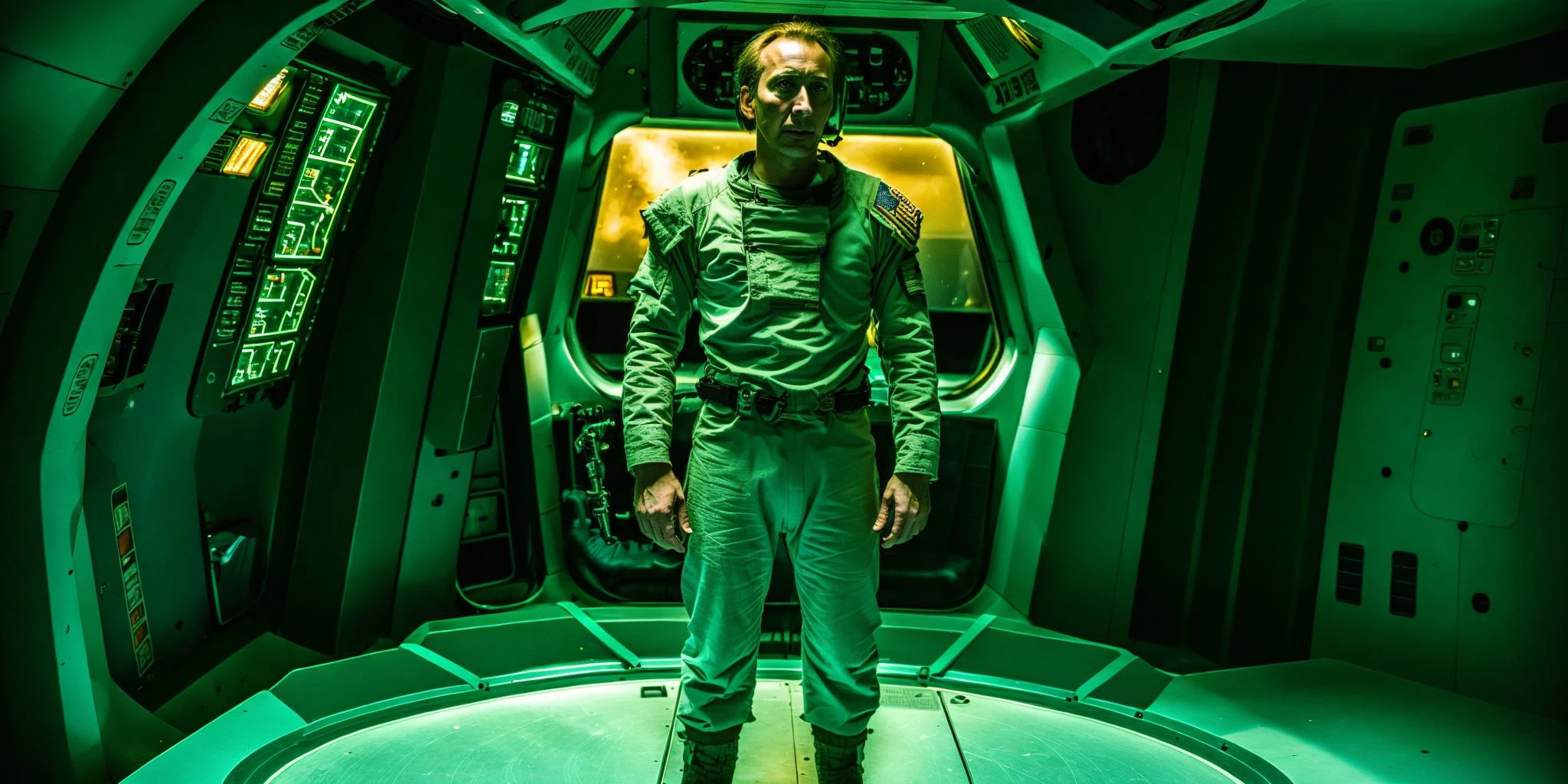 High quality photograph of Spaceship bridge, ANALOG style, NCCG standing in his general uniform, 