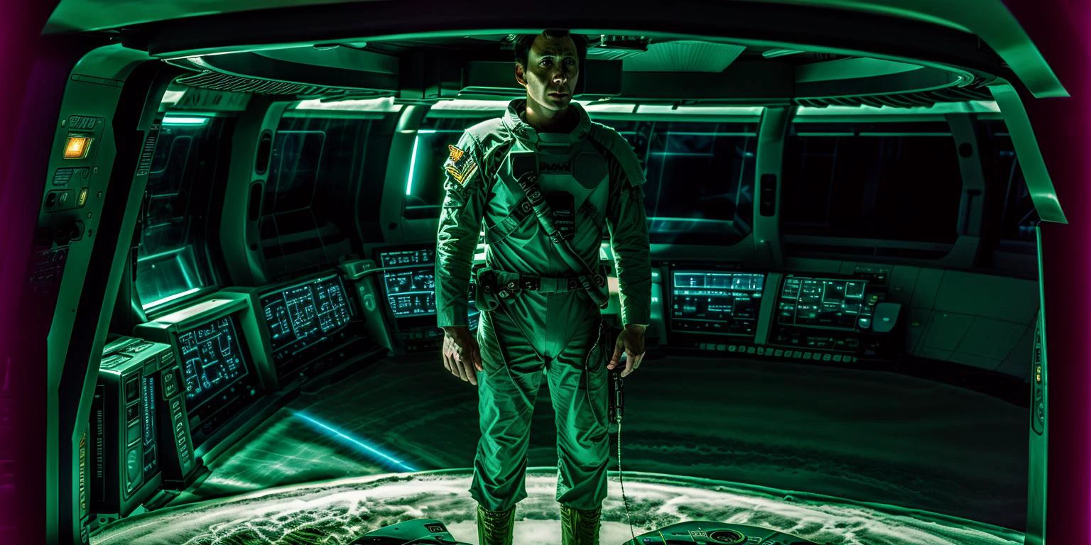 Fotografia de alta qualidade da ponte da nave espacial, estilo analógico, NCCG em pé com seu uniforme geral, iluminação futurista,grão de filme 