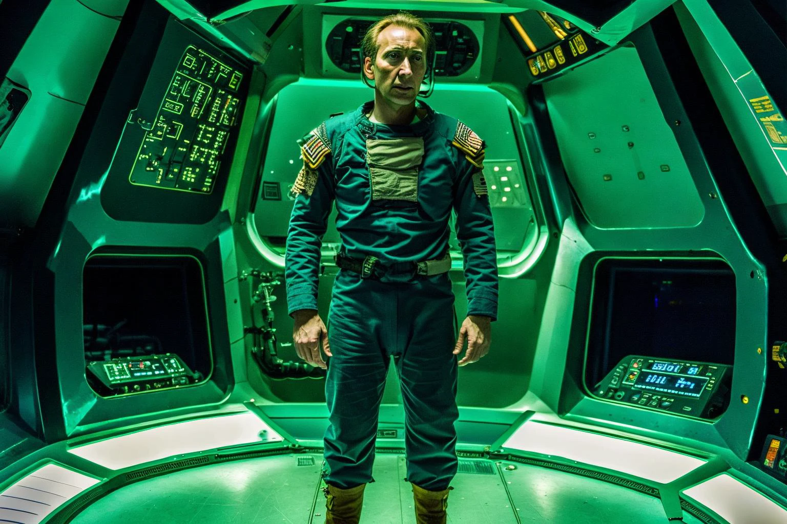 High quality photograph of Spaceship bridge, ANALOG style, NCCG standing in his general uniform, 