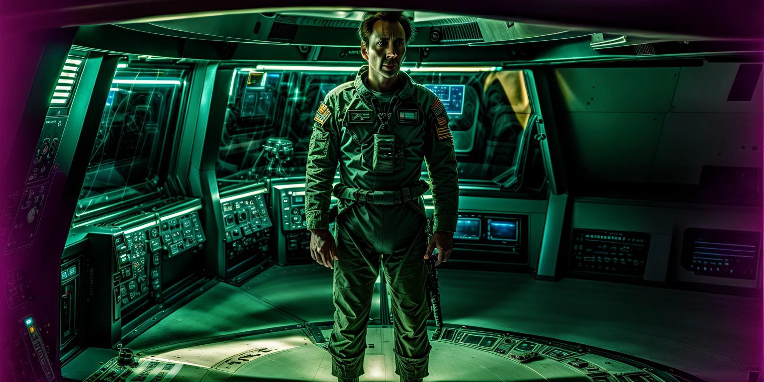 Fotografía de alta calidad del puente de la nave espacial., estilo analógico, NCCG de pie con su uniforme general., iluminación futurista,grano de la película 