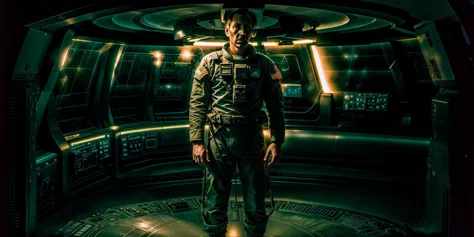 High quality photograph of Spaceship bridge, ANALOG style, <lora:spaceship bridge-v1.0:1>, NCCG standing in his general uniform, <lora:NCCG3_3045:1>, <lora:add_detail:1>, dark studio, rim lighting, two tone lighting, dimly lit, low key, <lora:epiNoiseoffset_v2:0.75>