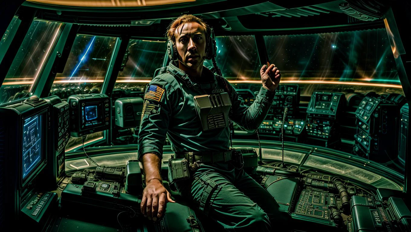 Fotografía de alta calidad del puente de la nave espacial., estilo analógico, NCCG sentado en su silla y vistiendo su uniforme general., iluminación futurista, grano de la película 