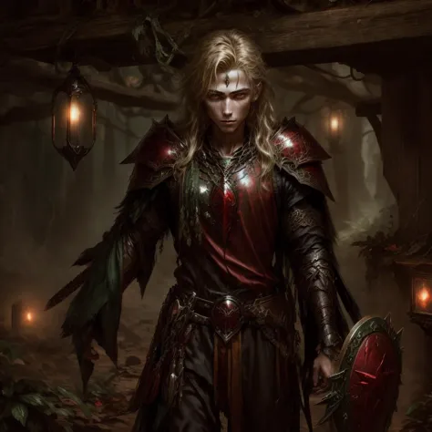 19 yo boy in dark bronze armor holding a shield and spear, blonde hair green eyes  <lora:BloodMagic:0.8> bloodmagic, fantasy, magical energy, blood <lora:antiwhite:0.8> <lora:more_details:0.8> <lora:JnTrp:0.8> JnTrp