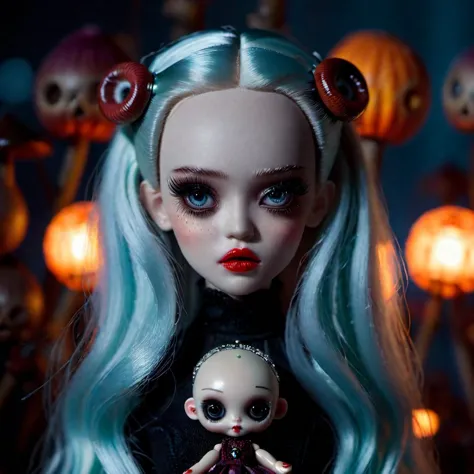 a close up of a doll with blue hair and a doll with blue hair