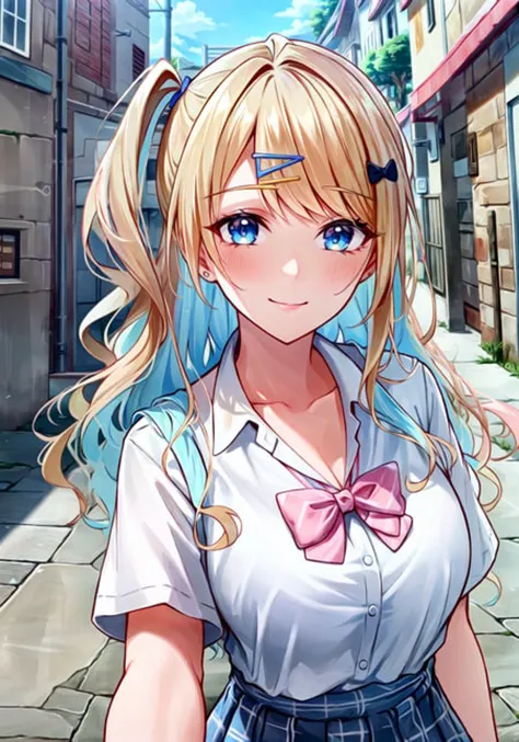 ((masterpiece)), breasts, looking_at_viewer, shirakawa runa, 1girl, solo, long_hair, blush, bangs, blue_eyes, blonde_hair, white_school_uniform, hair_ornament, bow, cleavage, blue_hair, collarbone, (white_shirt:1.5), hair_bow, multicolored_hair, hairclip, collared_shirt, clothes_around_waist, skirt, (pink_bowtie:1.5), streaked_hair, (one_side_up:1.4), gyaru, kogal, ((nervous smile, head tilt)), short sleeves,

masterpiece, best quality, high quality, absurdres, shiny skin, colorful, dynamic pose, stunning art, best quality, hyper detailed, dynamic angle, beatlful detailed, reflective hair, good lighting, ray tracing, depth of field, ultra-detailed, illustration, Amazing, fine detail, extremely detailed, ((ultra-detailed)), (beautiful detailed girl), beautiful detailed glow, intricate detail, highres, an extremely delicate and beautiful, beautiful detailed eyes, realistic, hdr, rounded eyes, detailed facial features,

(illustration), (beautiful detailed eyes), ((very detailed face)), depth_of_field, eyebrows_visible_through_hair, looking_at_viewer,

clothes reflecting light, (light diffraction on skin: 1.35), (glossy skin: 1.55), (Iridescence Effect: 1.55),

(pov hands, alleyway:1.5), holding viewer hand, (from_side:1.5),

critical angle