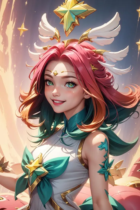 (obra de arte:1.4), (melhor qualidade:1.2), Guardiã Estelar neeko, 1 garota, cabelo multicolorido, vestir, Guardiã Estelar \(Liga dos lendários\), menina mágica, cauda, hair ornament, sorriso, tronco