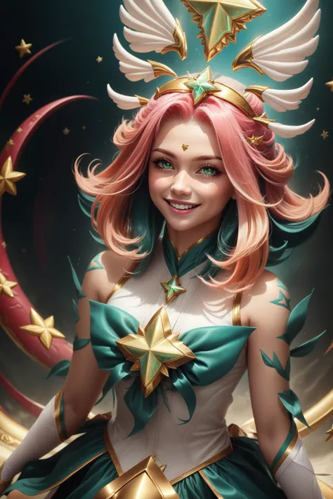 (obra de arte:1.4), (melhor qualidade:1.2), Guardiã Estelar neeko, 1 garota, cabelo multicolorido, vestir, Guardiã Estelar \(Liga dos lendários\), menina mágica, cauda, hair ornament, sorriso