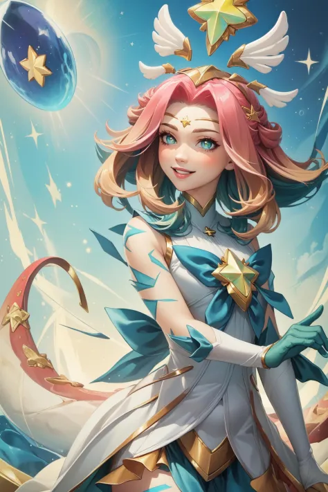 (ผลงานชิ้นเอก:1.4), (คุณภาพดีที่สุด:1.2), ผู้พิทักษ์ดวงดาว neeko, 1สาว, ผมหลากสี, ชุด, ผู้พิทักษ์ดวงดาว \(ลีกออฟเลเจนด์\), สาวน้อยมหัศจรรย์, หาง, เครื่องประดับผม, รอยยิ้ม