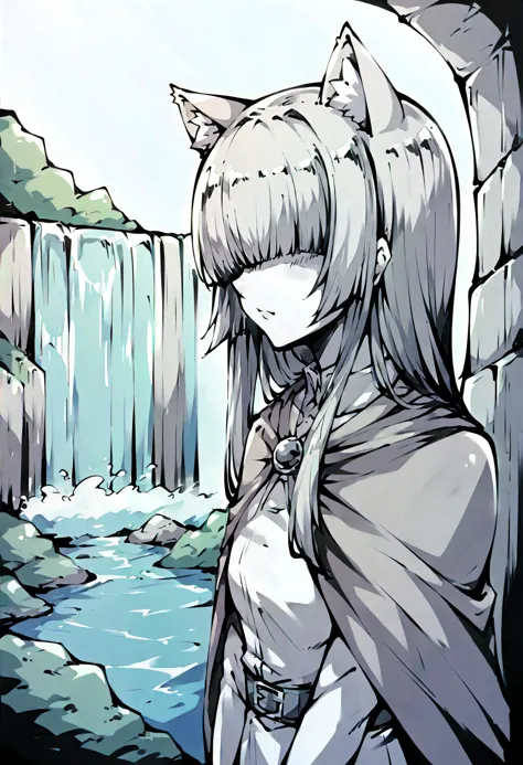 anime girl with long hair and cape standing in front of waterfall