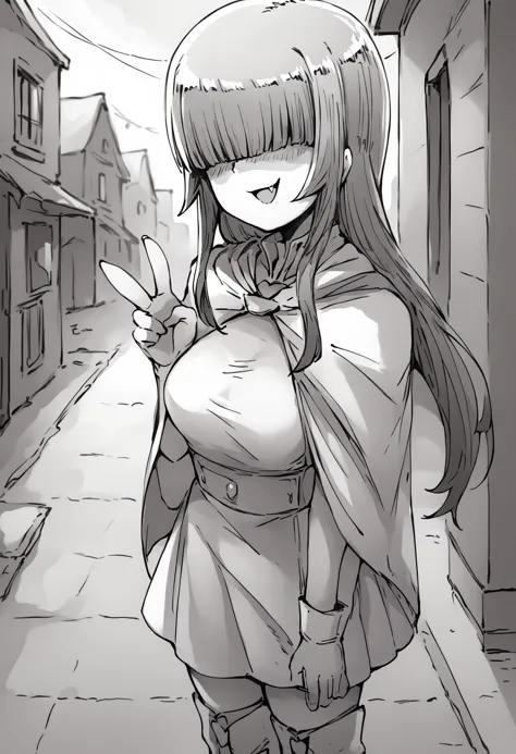 anime girl with long hair and a cape on walking down a street