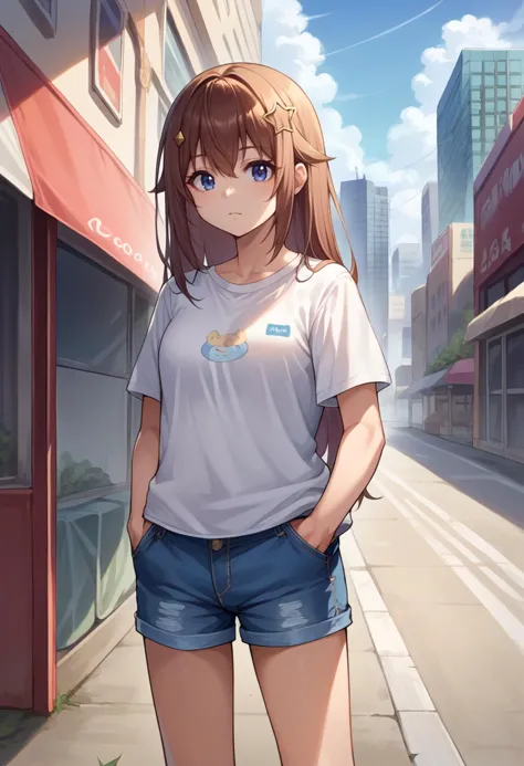 score_9, score_8_up, source_anime, 1girl, solo, TokinoSora, long hair, star hair ornament, blue eyes, t-shirt, denim shorts, standing, outdoors, city, hands in pockets, <lora:CHAR-TokinoSoraPonyXL:1>