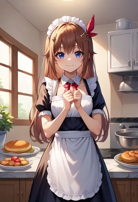 anime girl in maid outfit standing in kitchen with food on counter