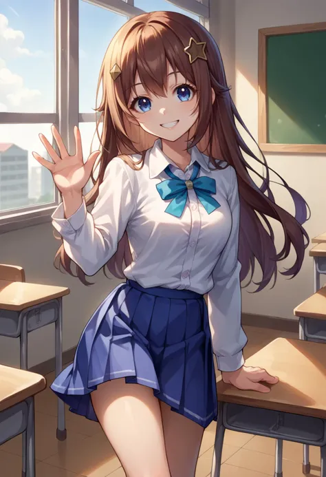 anime girl in school uniform posing in front of a window