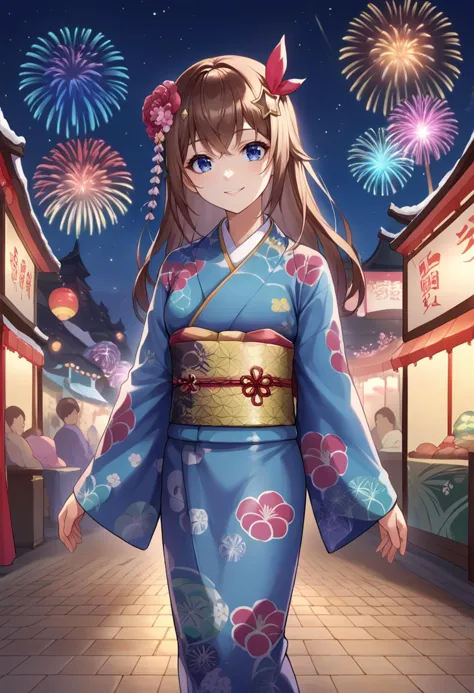 score_9, score_8_up, source_anime, 1girl, solo, SoraNewYears, long hair, star hair ornament, hair ribbon, hair flower, blue eyes, print kimono, flower print, sash, outdoors, night, festival, fireworks, smile, <lora:CHAR-TokinoSoraPonyXL:1>