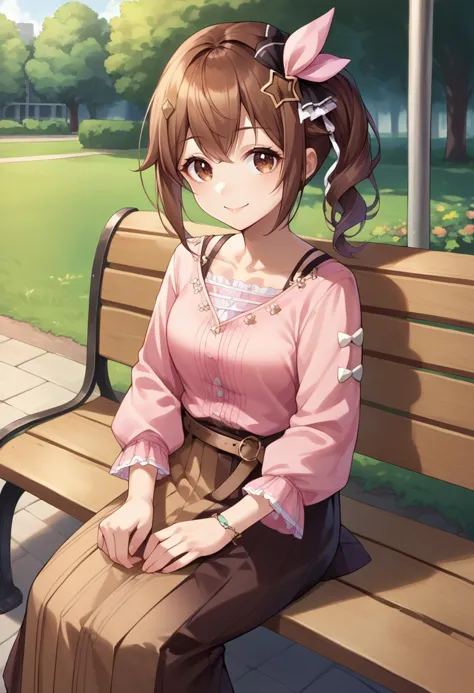 score_9, score_8_up, source_anime, 1girl, solo, SoraCasual, side ponytail, star hair ornament, hair ribbon, brown eyes, pink shirt, long sleeves, belt, brown skirt, long skirt, sitting, on bench, outdoors, park, smile, <lora:CHAR-TokinoSoraPonyXL:1>