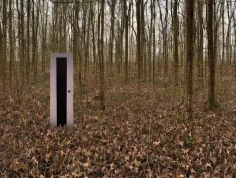 there is a door in the middle of a forest with leaves