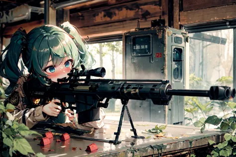 anime girl with a gun in a building with a lot of plants