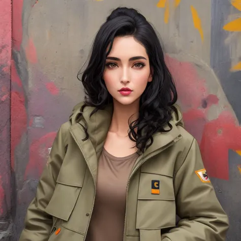 street art, carhartt full swing cryder jacket, gal, tall, skinny, triangular face, olive skin, black hair, peach eyes, narrow no...