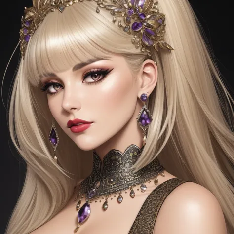 Build a breathtaking, highly detailed work of art, (Duchess, Short, Wide Hips, Square Face, Dark Skin, Blonde Hair, amethyst Eyes, Narrow Nose, Pouty Lips, Prominent Chin, Shoulder-Length Hair, Straight Hair, Middle Part Bangs, asymmetrical breasts, Faux gauge earrings, cream, stain lipstick), 3D Modeling, Mesmerizing, kneeling, hopping, Emphasis, Static, Disintegration, <lora:epiNoiseoffset_v2Pynoise:2>