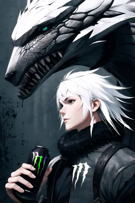 Highly detailed, High Quality, Masterpiece, beautiful, 1boy, <lora:Char_Nier_Brother:0.7>, white hair, HoldingMonsterEnergy, <lora:Pos_HoldingMonsterEnergy:0.5>