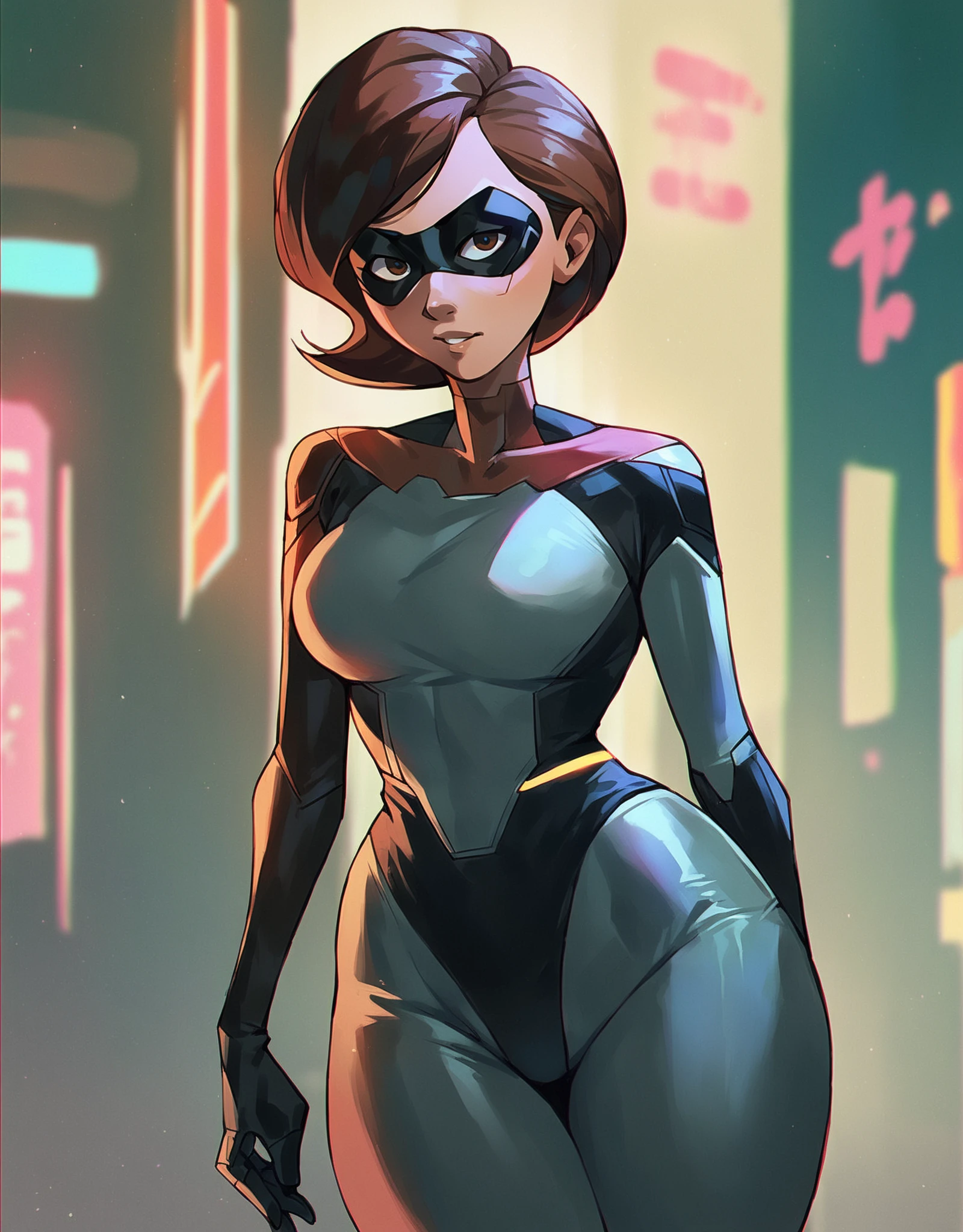 1girl, solo, helen parr, brown eyes, domino mask, looking at viewer, futuristic bodysuit, wide hips,
score_9, score_8_up, score_7_up, score_6_up, source_anime, outside, cyberpunk city, night, neon light 