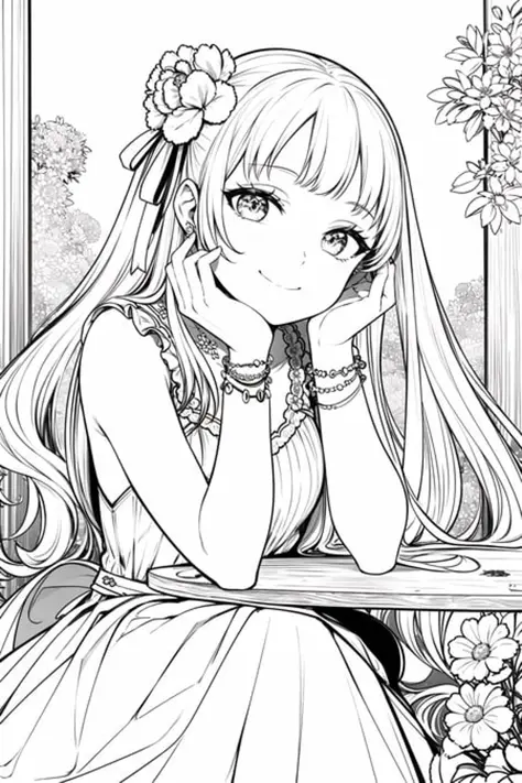 masterpiece, best quality, 1girl, solo, long_hair, looking_at_viewer, smile, dress, ribbon, jewelry, very_long_hair, hair_ribbon, flower, bracelet, two_side_up, hand_on_own_face, head_rest, hand_on_own_cheek, lineart, monochrome, <lora:animeoutlineV4_16:1>