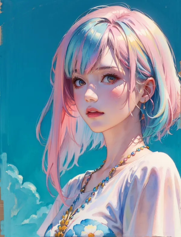 watercolor painting,<(masterpiece, realistic:1.3), (extremely intricate:1.2)>, fly in the sky,portrait of a girl,sliver gradient hair,(sliver hair:1.1),(light blue hair:1.1),(pink hair:1.2) ,.