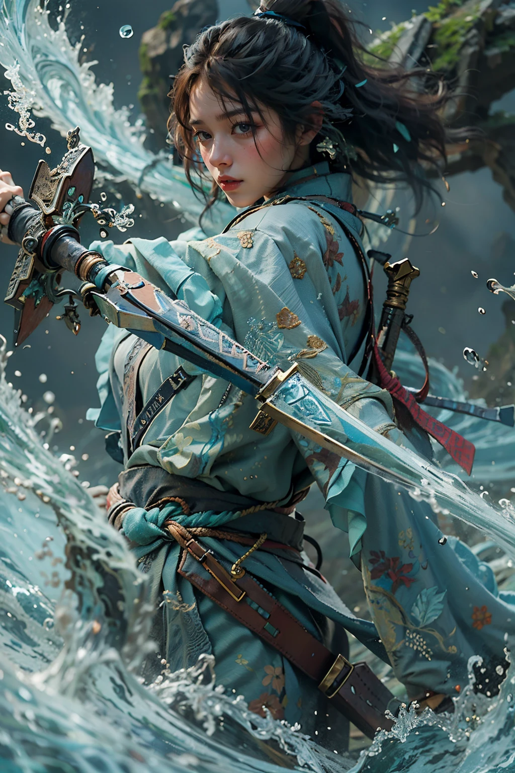 Best quality,masterpiece,ultra high res,,yushuishu,1girl,solo,black hair,water,waves,lips,full body,  holding weapon, 
