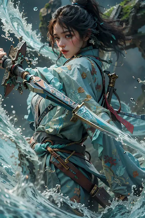 Best quality,masterpiece,ultra high res,,yushuishu,1girl,solo,black hair,water,waves,lips,full body,  <lora:yushui:0.8>, holding weapon, 
