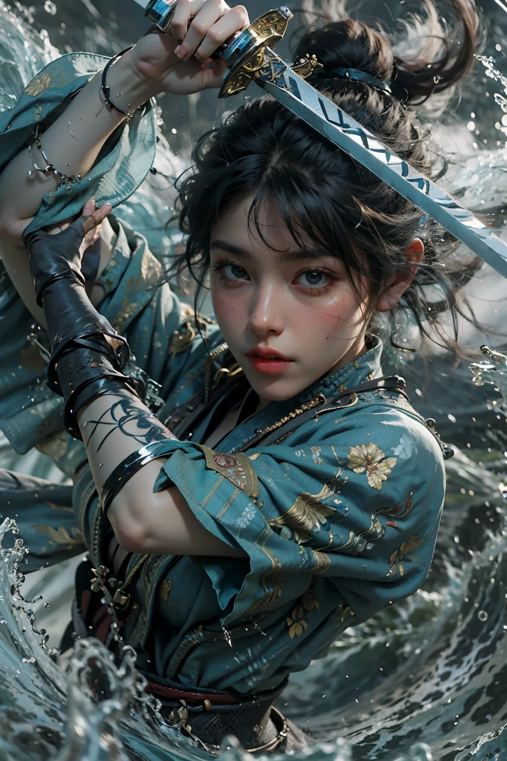 Best quality,masterpiece,ultra high res,,yushuishu,1girl,solo,black hair,water,waves,lips,full body,Take the sword.,The normal hand.,
