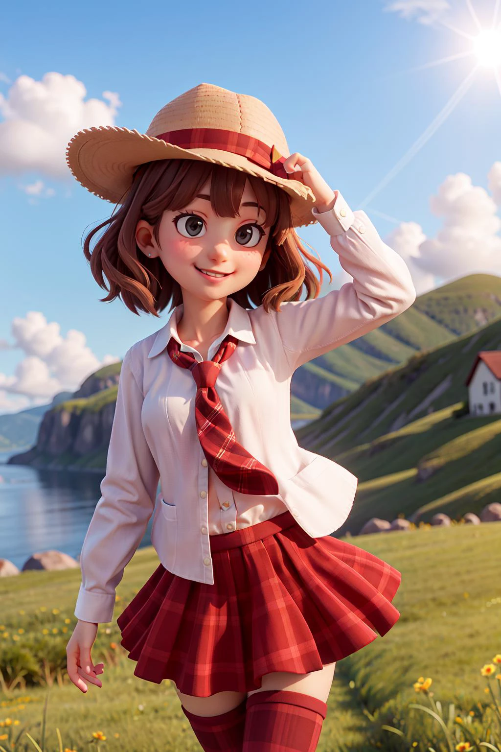 Anime girl in a red skirt and hat walking in a field - SeaArt AI
