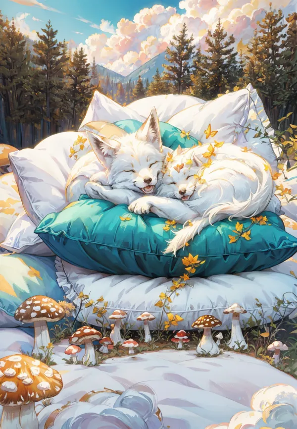 a high quality masterpiece illustration of a fluffy white fox sleeping on a (((white cloud pillow))), forest, colorful small mus...