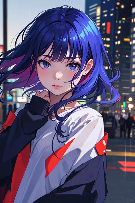 masterpiece, highest quality, realistic, subsurface scattering, chromatic lighting,

colorized, red + white + purple + blue limited color palette, detailed concept drawing, line-art, illustration,
fashion,

close-up of 18yo 1girl,small breasts,
shy,
bangs hair, 
urban outfit,
sleeves,
pleated,
metallic,


city,
school, people,
rain
blurred background

