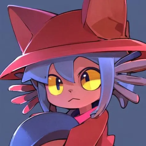 masterpiece, best quality, niko, yellow eyes, person, red hat, hat, red dress, blue hair, simple background,