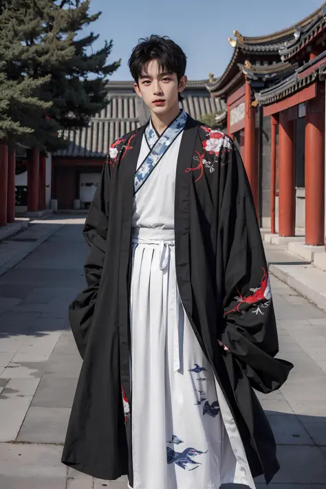 <lora:hanfu_nan:0.7>,  1boy, solo, short hair, big eyes, (blue print robe), (white long print skirt), (red print shirt),(upper body),(standing),((looking at viewer)),outdoors,(chinese style countryard),
