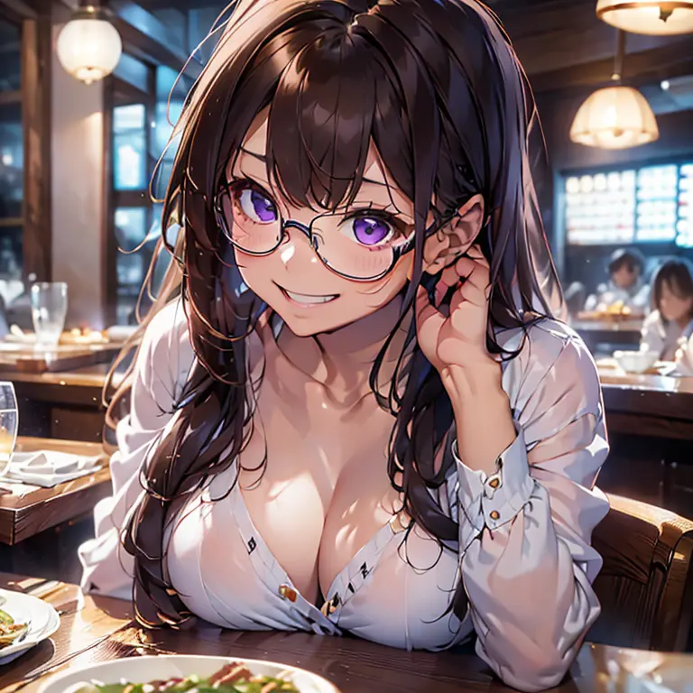 purple eyed girl with long brown hair and glasses