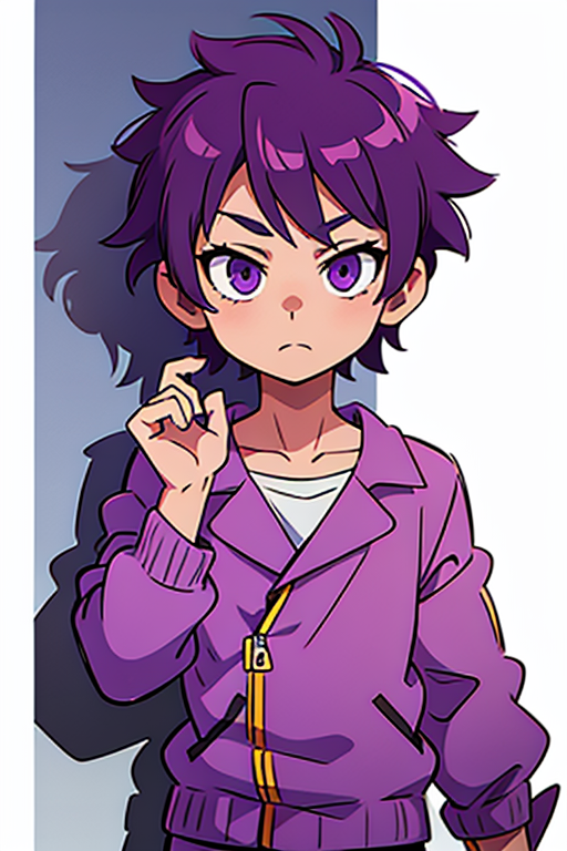 cartoon styled purple haired kid looking at disgust with purple 80's jacket