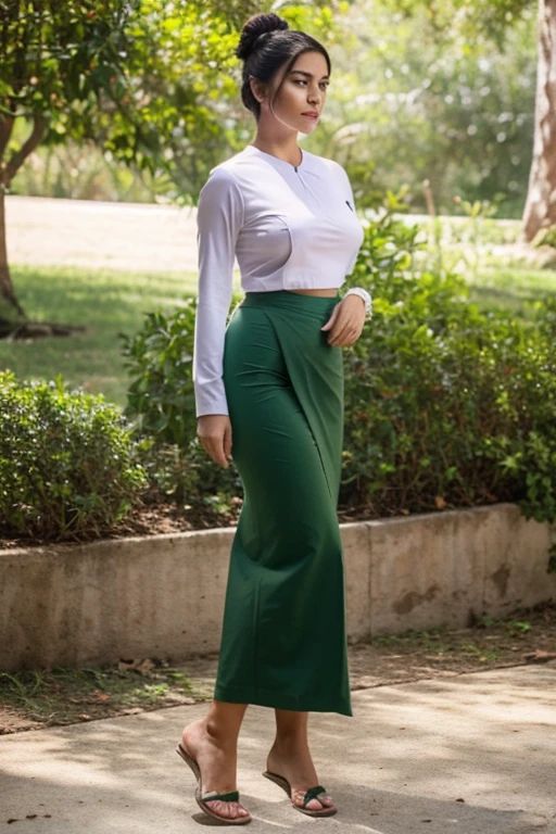 Fantasy,Realistic,Female,Love,Book,Romance,Scenario,A school teacher is Tall, thin, big hips, big breasts, black hair, small lips, brown eyes, attractive, 8K.Top=white Burmese blouse,With long sleeves,Buttoned at the side.Bottom=(Dark green) long skirt.
Footwear=female Burmese sandals,The hair is knotted bun.
