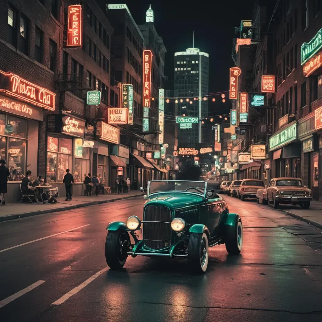 Classic Cars in 50's Downtown Streets