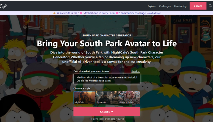 interface of nightcafe's south park character generator