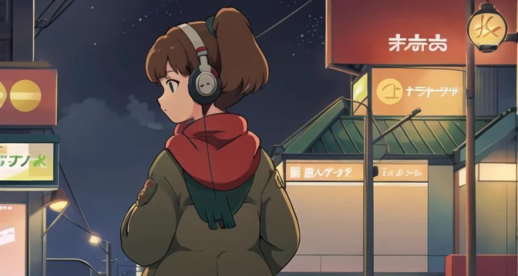 a cartoon Lofi girl on the street