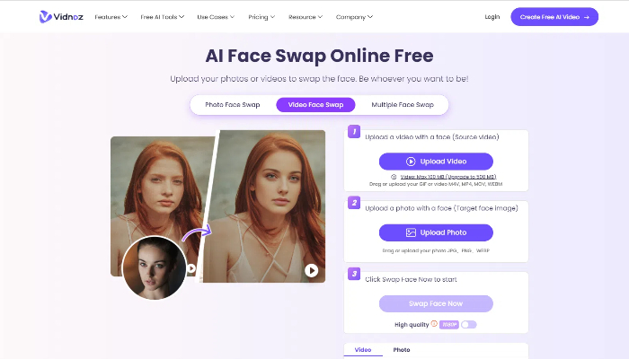 Vidnoz's online ai face swapper